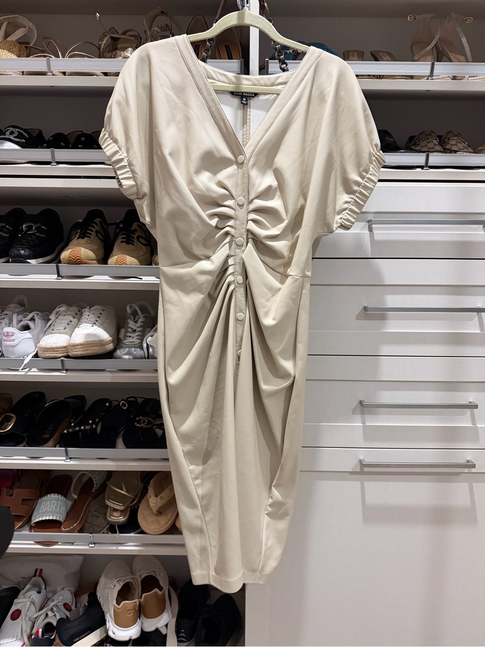 Gently worn Steve Madden Vegan Leather Cream Ruched Button-Front Midi Dress